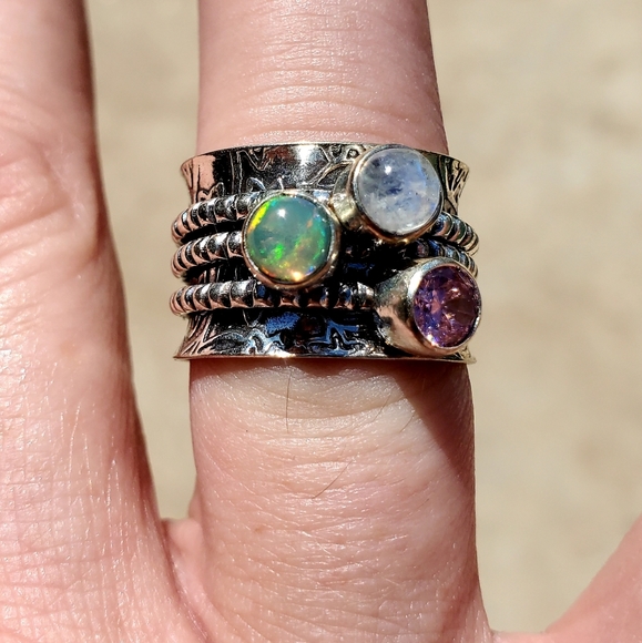 New Ethiopian Opal Multi Gemstone 925 Silver Spinner Meditation Ring. - Picture 13 of 13